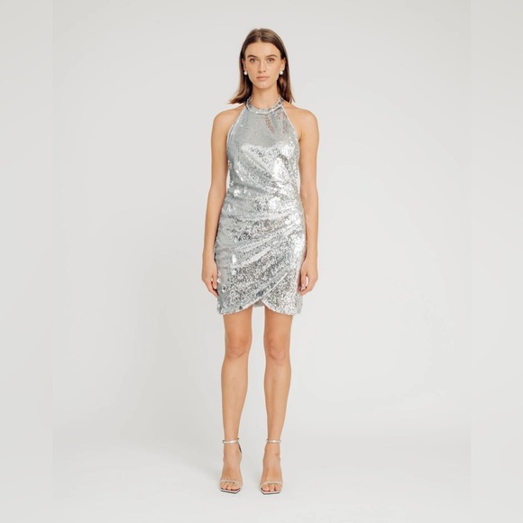 New! Ronny Kobo Vera Silver Sequin Halter Open-Back Mini Dress 🩶 Large NWT! - Picture 2 of 12